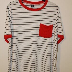SHEIN Curve black and white striped shirt with red collar and pocket, size 1XL